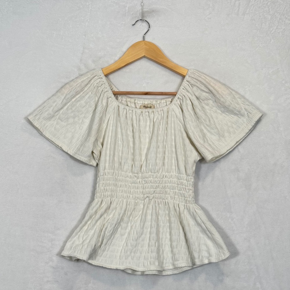 Madewell White Smocked Peplum Flutter Sleeve Top XXS